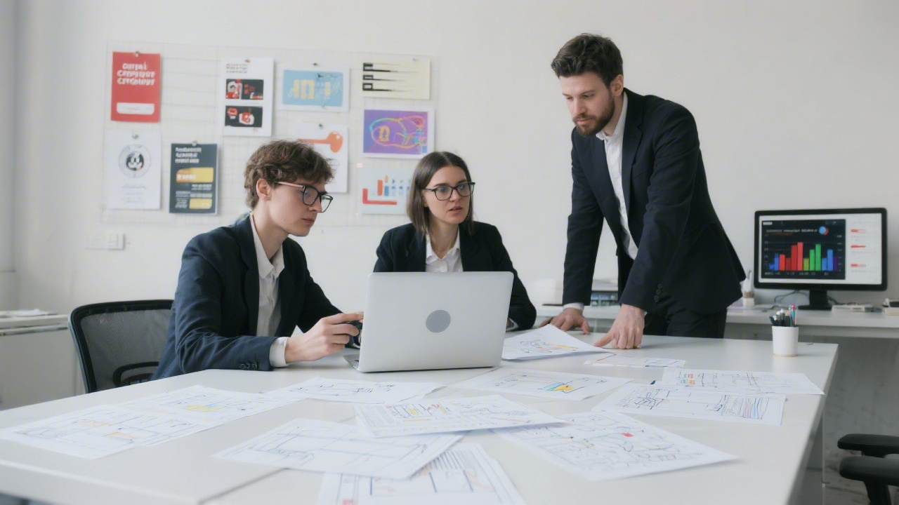 Focused marketing team reviewing campaign creative boards, a laptop showing ad metrics, and printed wireframes spread across a clean workspace.