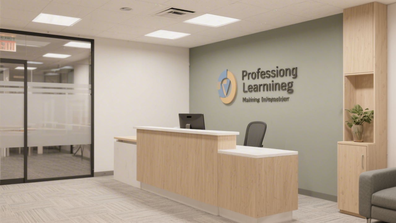 Front desk area of a modern training office with neutral colors, reception counter, and signage indicating a professional learning environment.