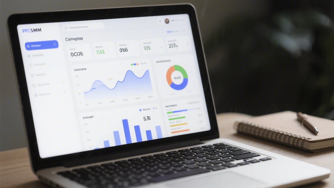 Close-up of a laptop screen showing PPC and SMM campaign dashboards, with clear charts, metrics, and a notebook beside the keyboard.