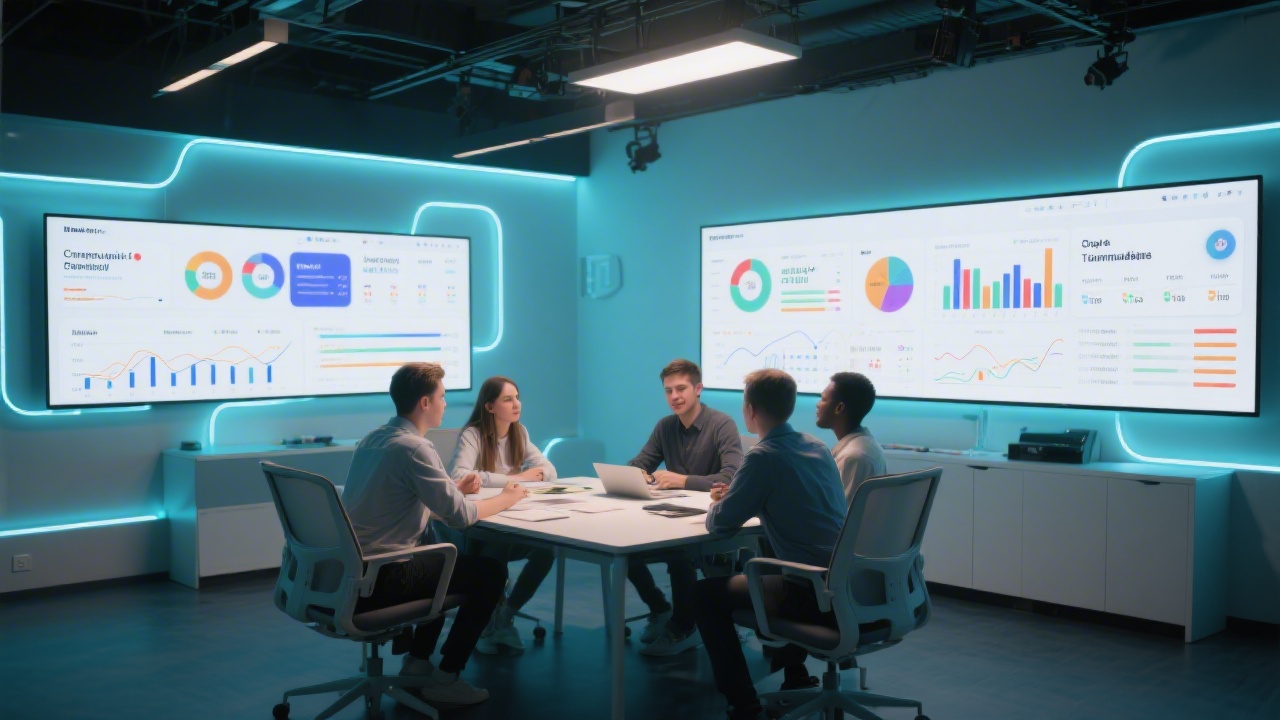 Modern training studio with large screens displaying campaign dashboards, a small tech marketing team collaborating around a central table, and soft neon lighting.