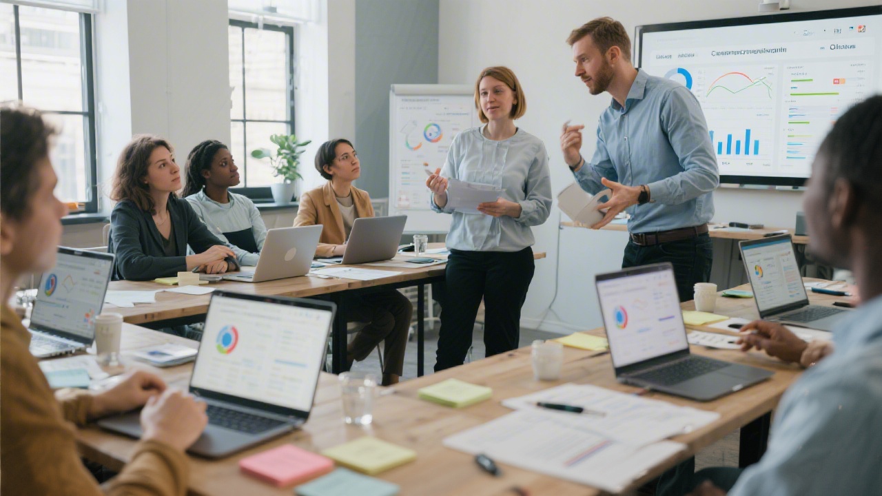 Workshop scene where facilitators guide participants through campaign planning templates, with laptops open to analytics dashboards and organized notes on tables.